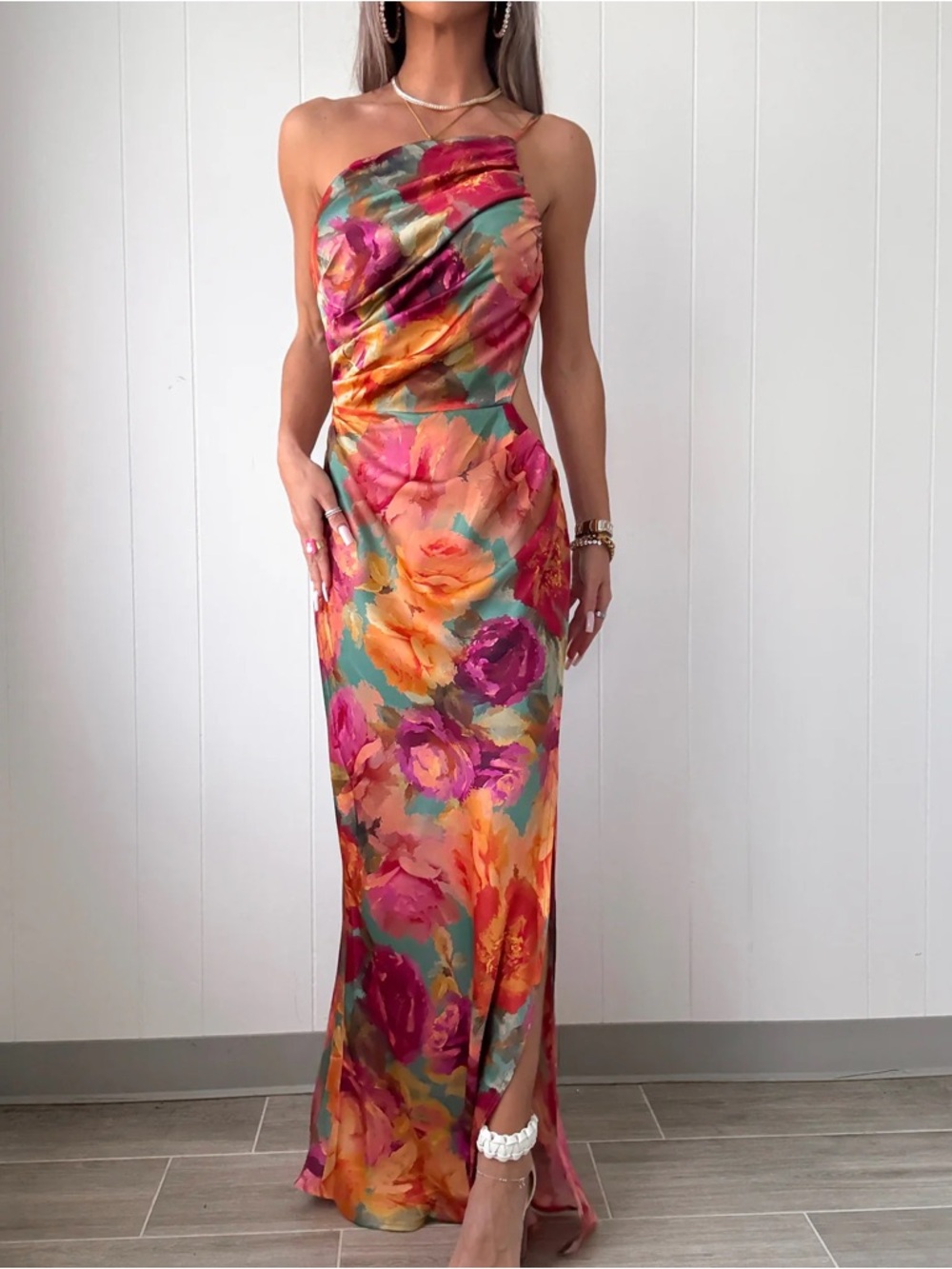 Floral Satin Slip Maxi Dress in Multi medium - Picture 3 of 6